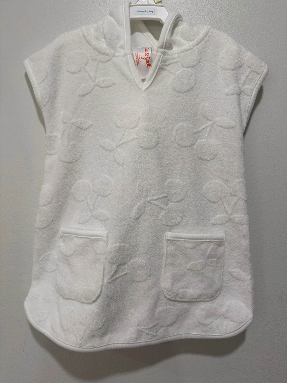 White Hooded Terry Poncho with Cherry Embossing Swimwear